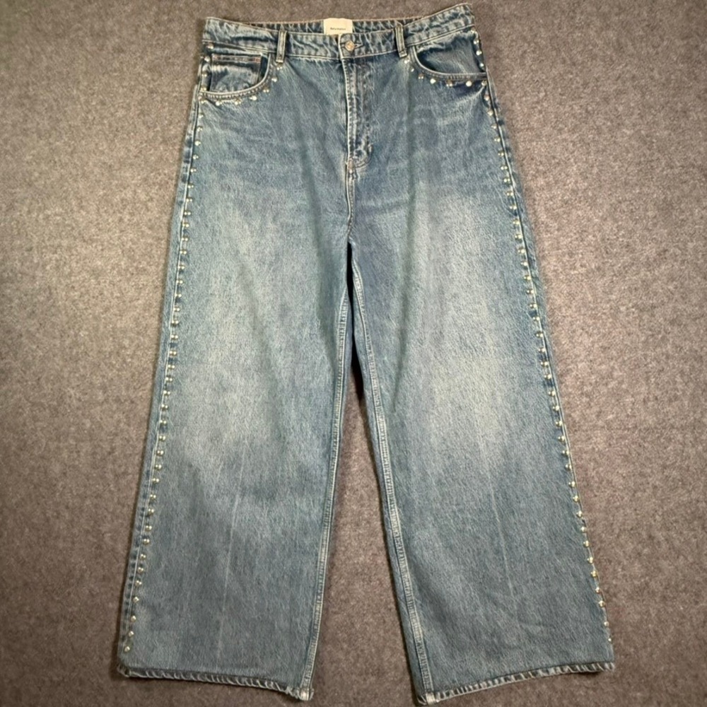 Reformation Cary High Rise Slouchy Wide Leg Studded Jeans Blue Denim 32 Boho